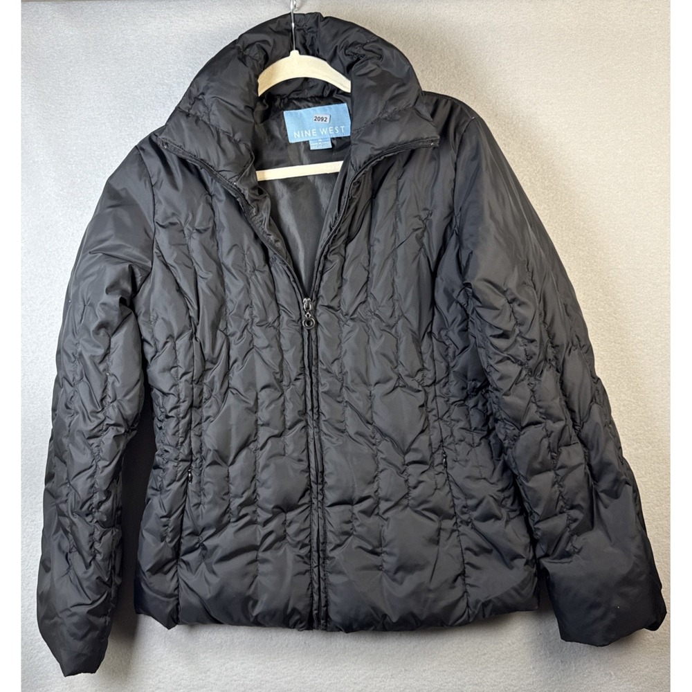 Nine West Puffer Jacket Women M Black Zip Pockets Quilted Down Blend Zip Up Coat